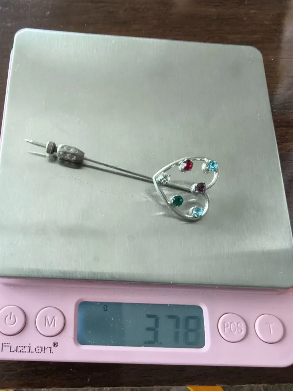 Vintage Anson Sterling Silver Heart Stick Pin With Multicolored Rhinestones